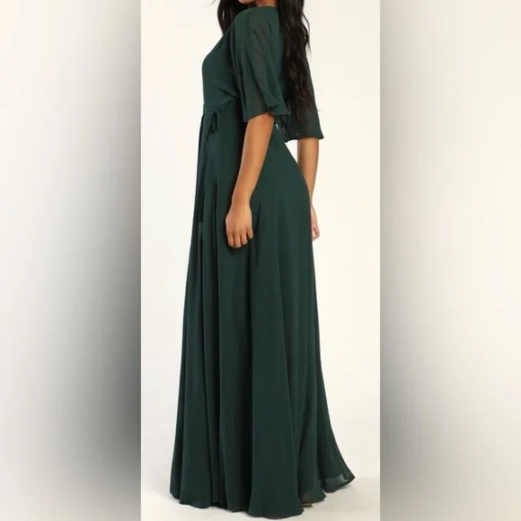 Romantic Energy Emerald Green Flutter Sleeve Maxi Wrap Dress - Picture 3 of 11